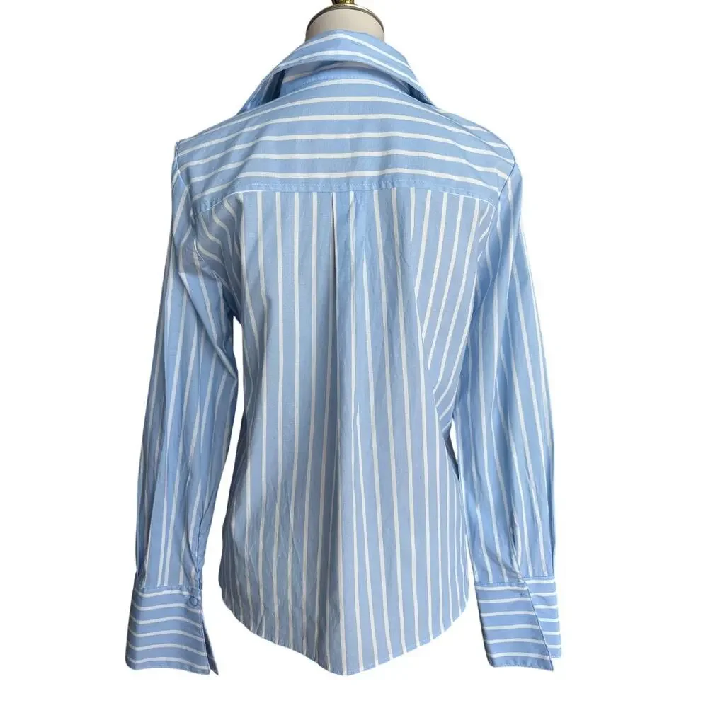 Villa Fashion Blue Stripe Embellished Button Down Shirt Rhinestone Top Medium